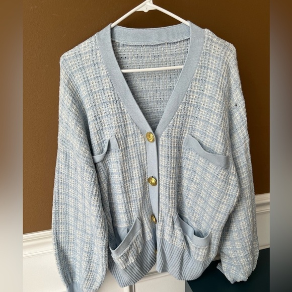 Women’s Baby Blue Plaid Knit Button-up Cardigan Sweater Size XXL - Picture 1 of 6
